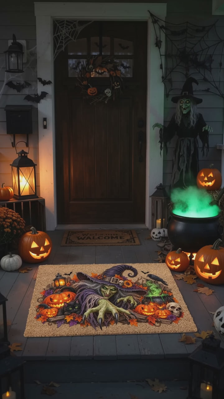 Horror Witch Doormat, Scary Halloween Coir Mat, Creepy Witch & Black Cat Welcome Mat, Pumpkin Porch Decor, Haunted House Door Mat