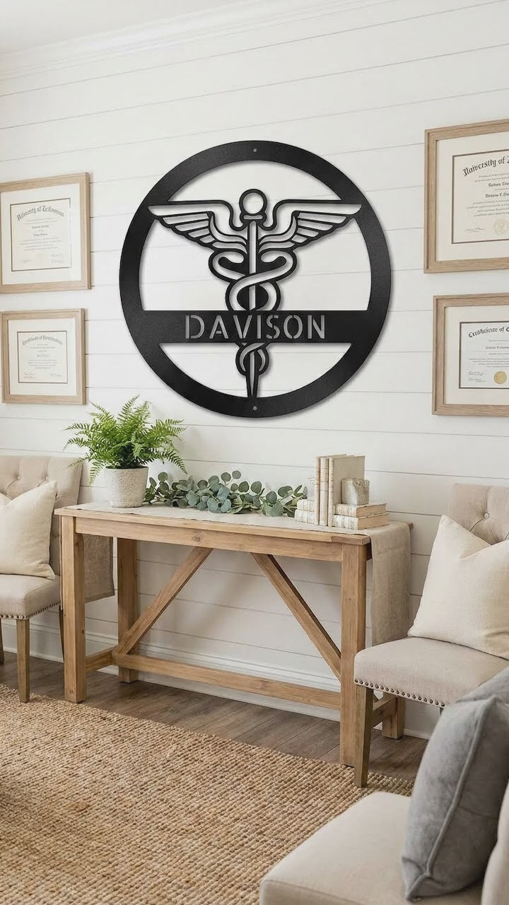 Personalized Medical Symbol Metal Wall Art – Custom Caduceus Steel Sign – Doctor Nurse Healthcare Professional Gift Decor