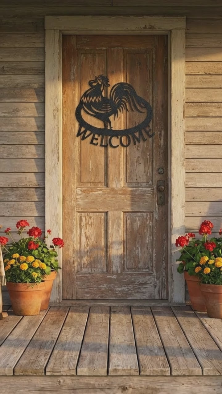Welcome Rooster Metal Wall Art – Farmhouse Chicken Decor – Rustic Kitchen Wall Sign – Country Home Decor – Farmhouse Porch Sign