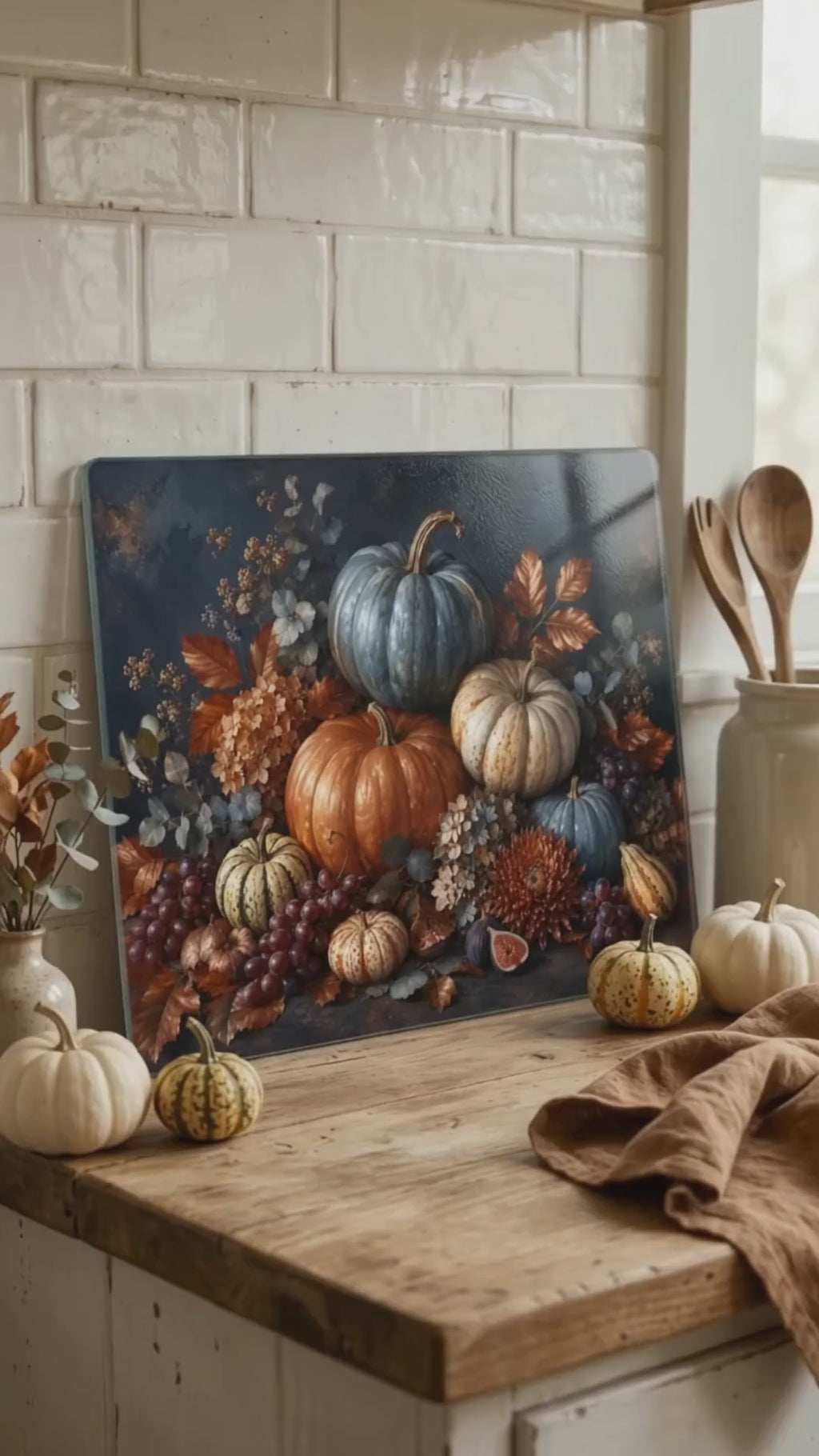 Blue Pumpkin Glass Cutting Board, Elegant Fall Kitchen Decor, Autumn Harvest Cutting Board, Thanksgiving Kitchen Gift