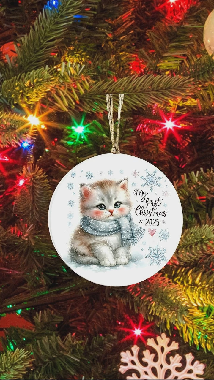 My First Christmas 2025 Kitten Ornament – Baby’s First Christmas Keepsake, Cute Newborn Gift, Durable MDF Ornament with Gold Cord