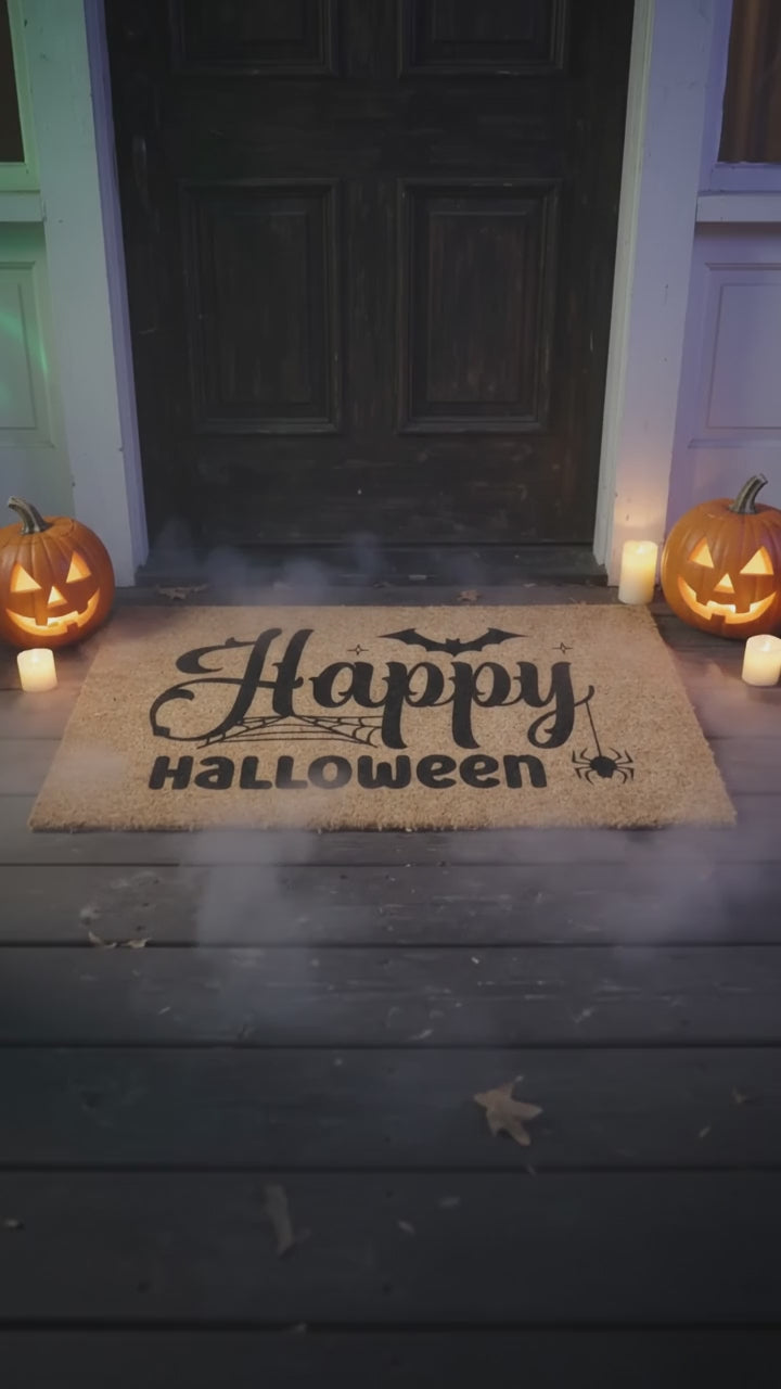 Happy Halloween Doormat – Spider & Bat Outdoor Coir Mat for Porch Décor