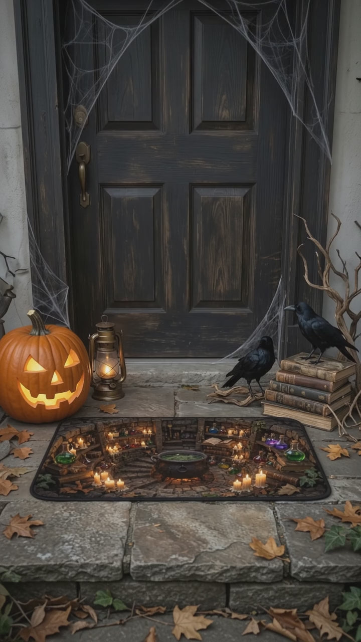 Witch Cauldron Halloween Doormat, 3D Witch Stairwell Illusion Door Mat, Black Cat Spooky Welcome Mat, Witchy Halloween Decor