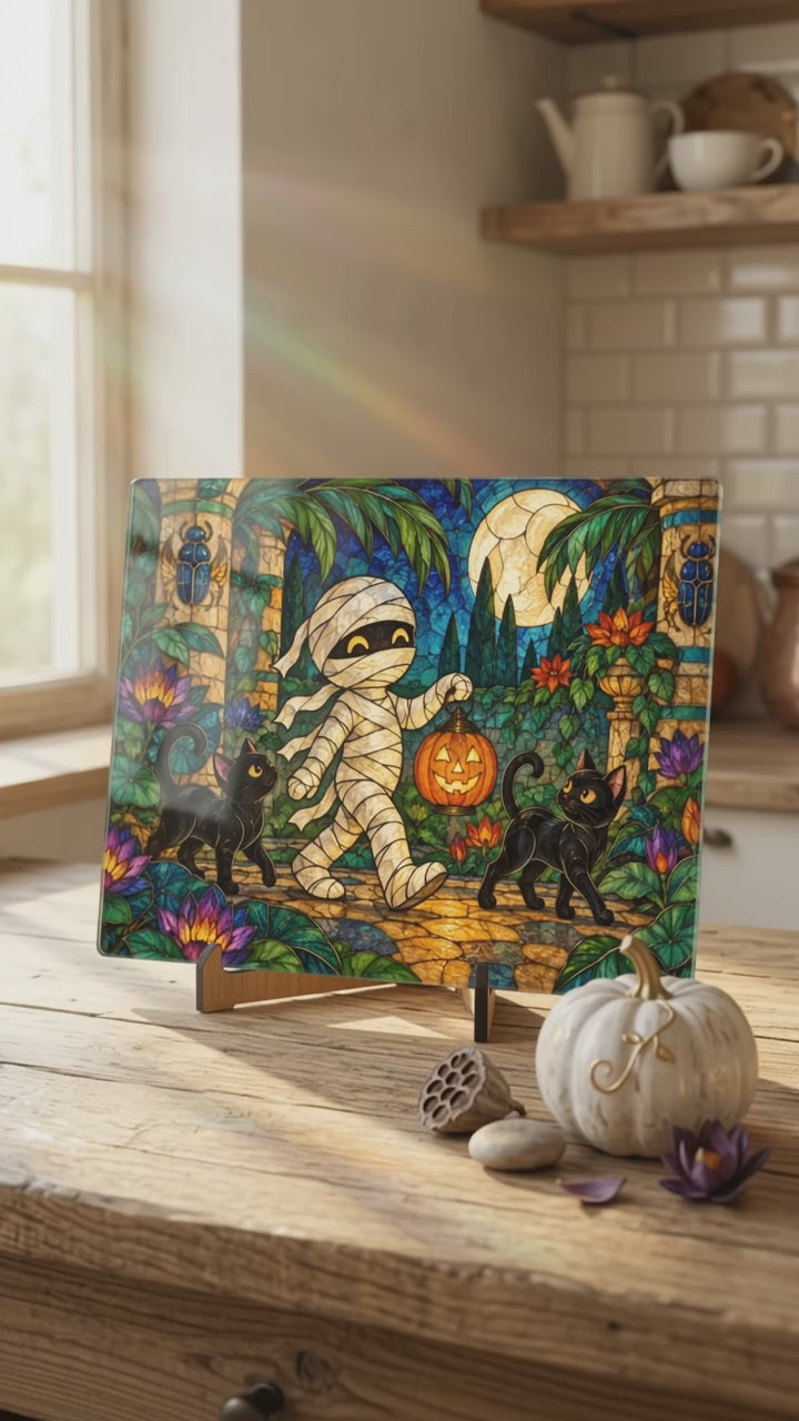 Halloween Mummy Personalized Glass Cutting Board, Spooky Kitchen Decor