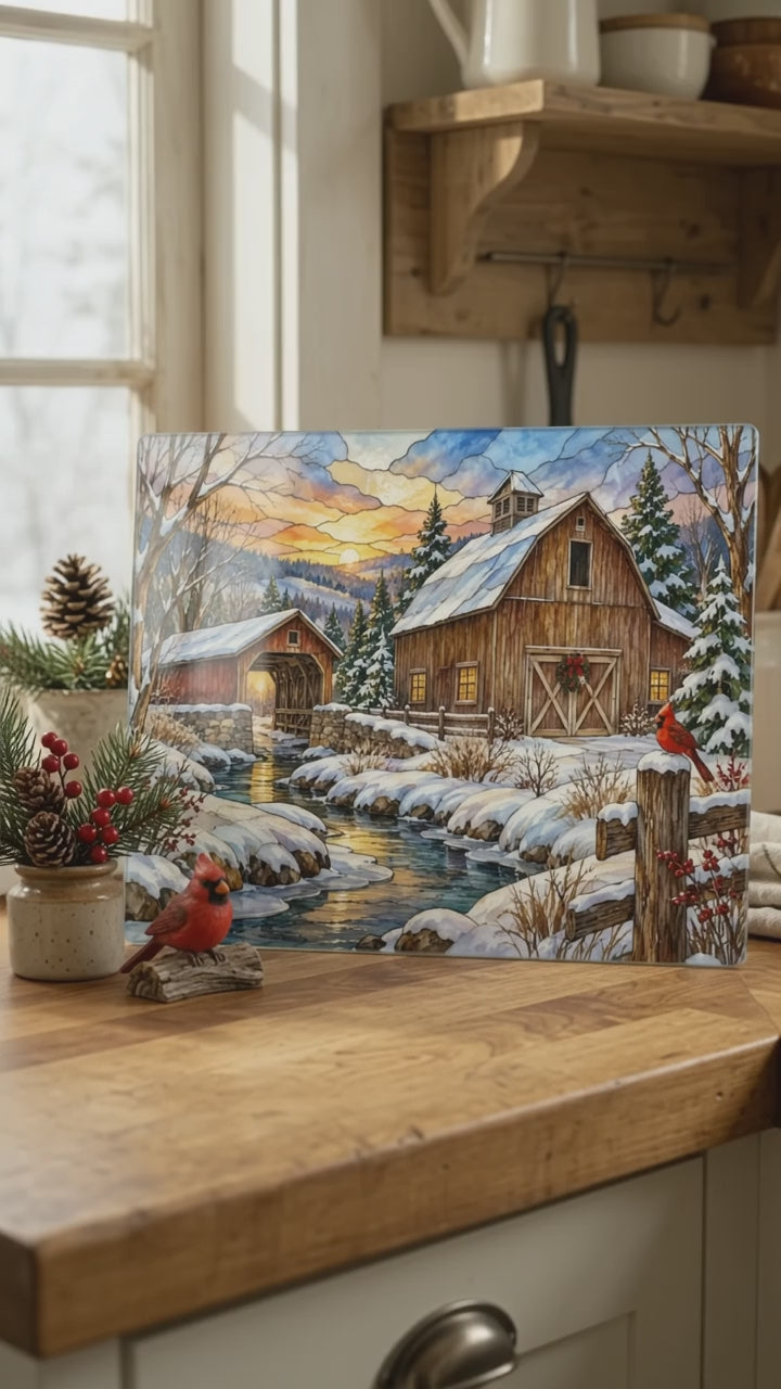 Country Winter Barn Glass Cutting Board, Snowy Farmhouse Kitchen Decor, Rustic Christmas Gift, Winter Barn Kitchen Board