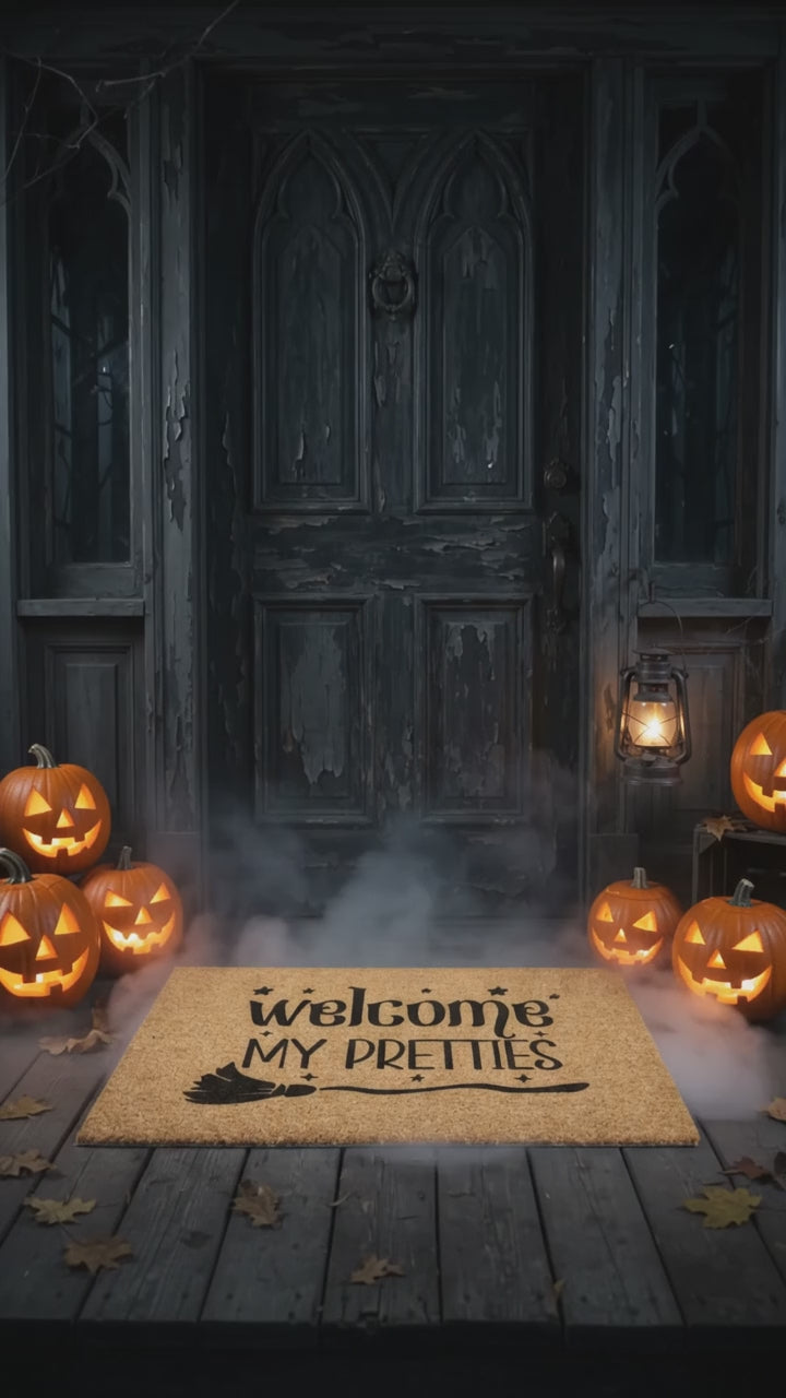 Welcome My Pretties Coir Doormat – Witchy Halloween Welcome Mat | Funny Front Porch Decor | Rustic Fall Entryway Rug