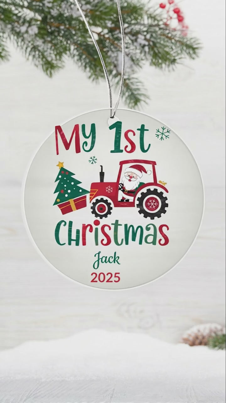 Personalized My 1st Christmas Acrylic Ornament with Name and Year – Santa Tractor Baby's First Christmas Keepsake Gift