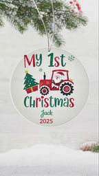 Personalized My 1st Christmas Acrylic Ornament with Name and Year – Santa Tractor Baby's First Christmas Keepsake Gift