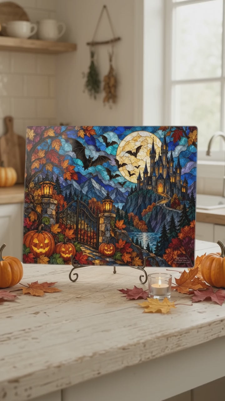 Halloween Castle Personalized Glass Cutting Board, Gothic Haunted House Kitchen Decor