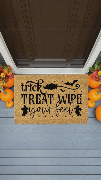 Trick, Treat, Wipe Your Feet Coir Doormat – Funny Halloween Welcome Mat | Spooky Ghost and Bat Porch Decor | Rustic Fall Entryway Rug