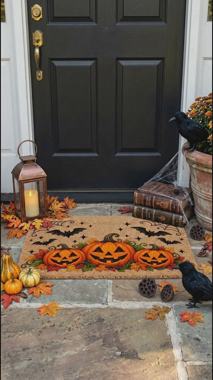Halloween Pumpkin Doormat, Jack O Lantern Coir Welcome Mat, Fall Front Porch Decor, Spooky Bat Door Mat, Autumn Halloween Entryway