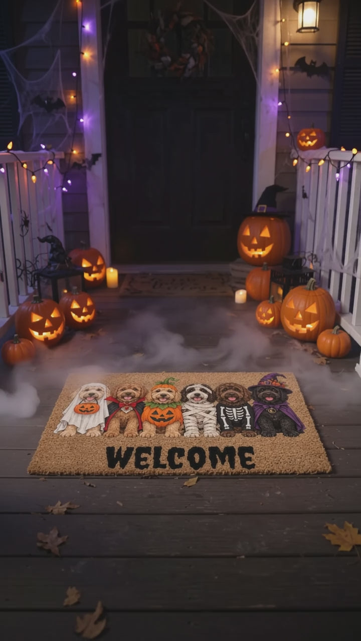 Dog Breed Personalized Halloween Costume Doormat, Custom Dog Welcome Mat, Halloween Coir Doormat, Family Name Dog Lover Gift