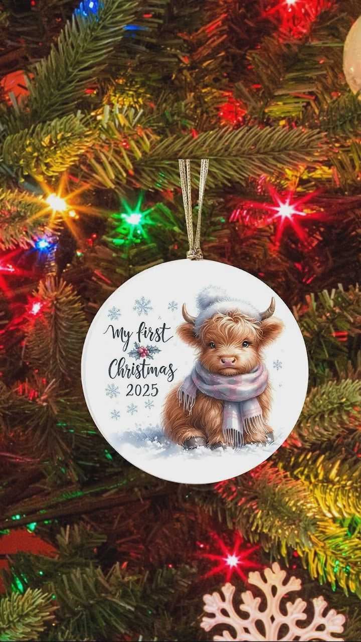 My First Christmas 2025 Highland Calf Ornament – Baby’s First Christmas Keepsake, Cute Newborn Gift, Durable MDF Ornament with Gold Cord