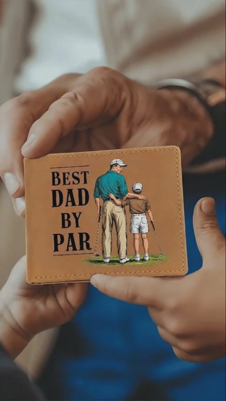 Best Dad by Par Illustrated Wallet – Full Grain Leather Golf Wallet Gift for Dad – Thoughtful Father's Day Gift with Gift Box