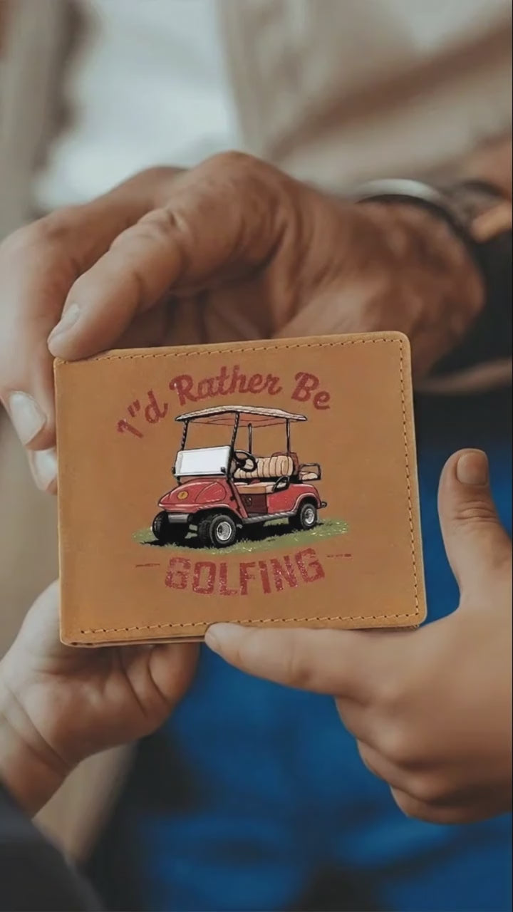 I'd Rather Be Golfing Leather Wallet – Funny Full Grain Cowhide Bifold – Golf Cart Design Gift