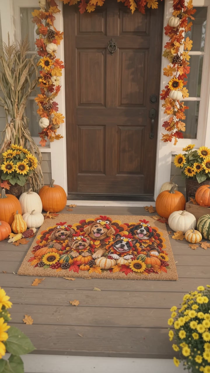 Thanksgiving Dog Doormat, Dogs in Turkey Costumes Coir Mat, Funny Fall Welcome Mat, Dog Lover Gift, Thanksgiving Porch Decor
