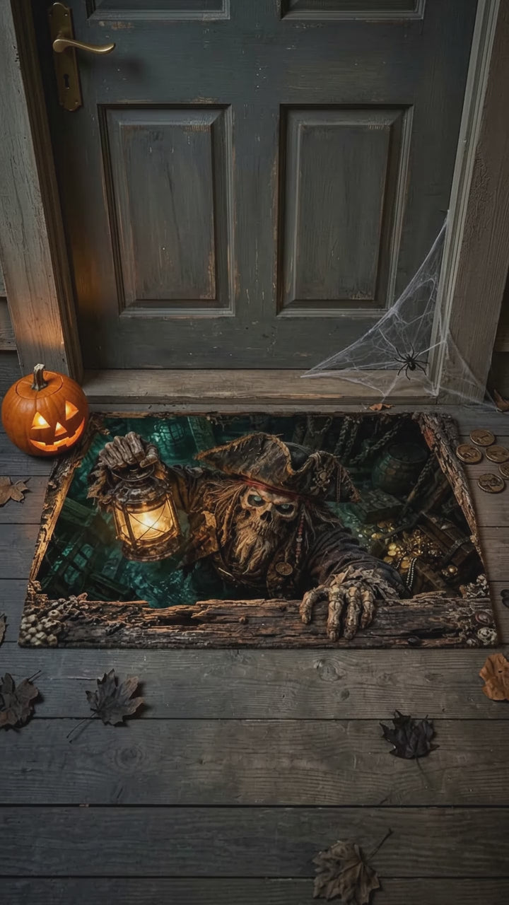 Pirate Doormat, Ghost Ship 3D Optical Illusion Door Mat, Haunted Pirate Halloween Mat, Skeleton Pirate Porch Decor, Spooky Welcome Mat