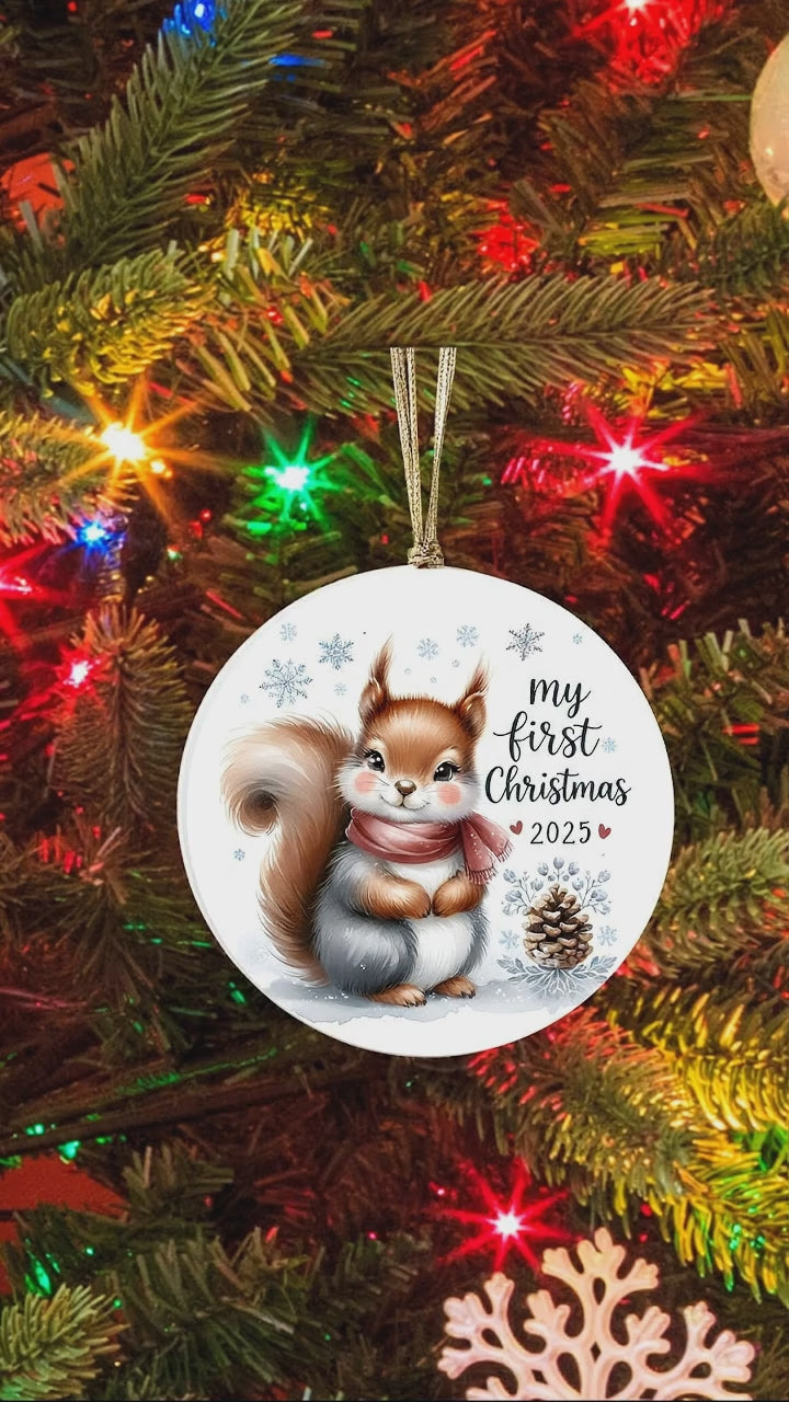 My First Christmas 2025 Squirrel Ornament – Baby’s First Christmas Keepsake, Cute Newborn Gift, Durable MDF Ornament with Gold Cord