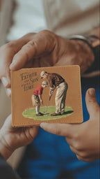 Father and Son Time Leather Wallet – Vintage Golf-Inspired Cowhide Bifold Wallet – Sentimental Gift for Dad with Gift Box