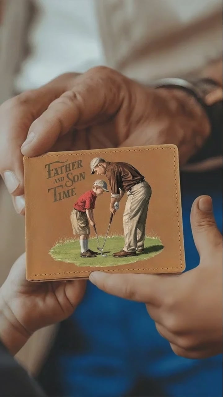 Father and Son Time Leather Wallet – Vintage Golf-Inspired Cowhide Bifold Wallet – Sentimental Gift for Dad with Gift Box