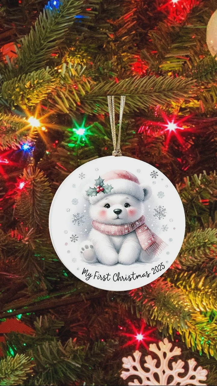My First Christmas 2025 Polar Bear Ornament – Baby’s First Christmas Keepsake, Cute Newborn Gift, Durable MDF Ornament with Gold Cord