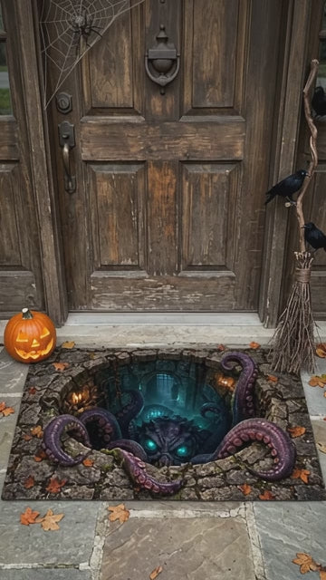 Tentacle Monster 3D Optical Illusion Doormat, Creepy Dungeon Floor Mat, Scary Octopus Monster Door Mat, Horror Halloween Decor