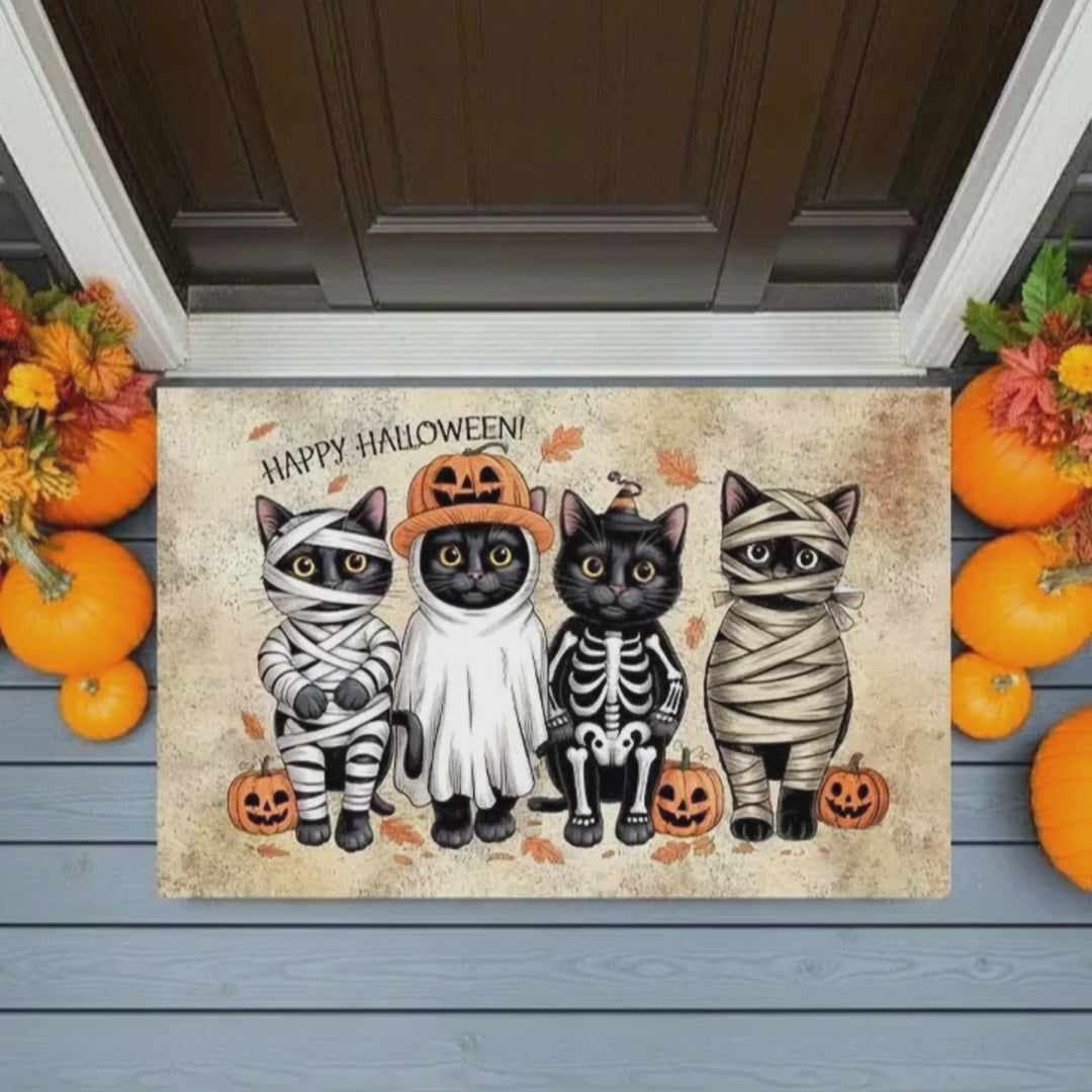 Happy Halloween Cat Doormat – Cute Black Cats in Costumes Welcome Mat – Funny Spooky Fall Décor for Cat Lovers