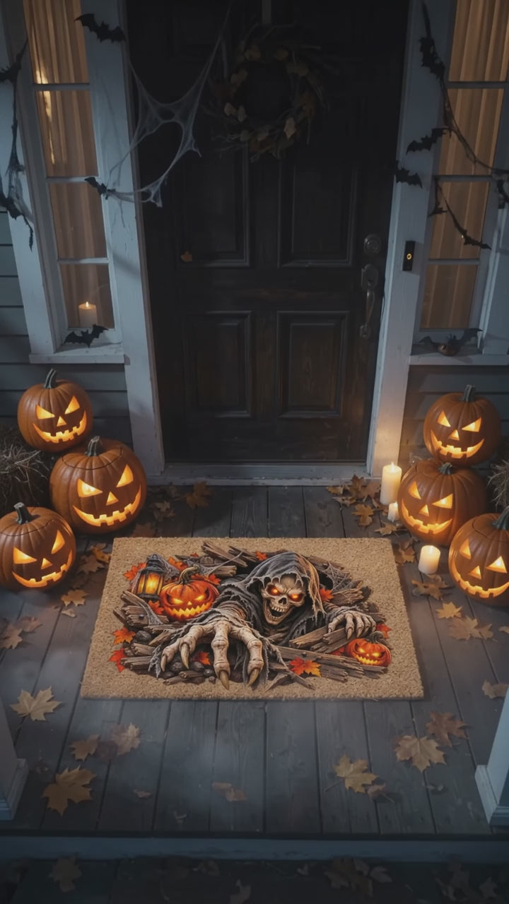 Horror Skeleton Doormat, Grim Reaper Halloween Coir Mat, Creepy Skeleton Welcome Mat, Scary Pumpkin Porch Decor, Haunted Door Mat