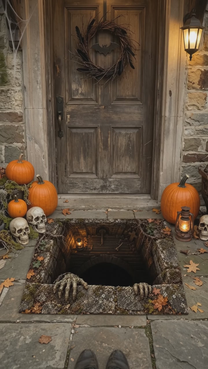 Undead Groundskeeper Halloween Doormat, 3D Zombie Optical Illusion Mat, Creepy Graveyard Door Mat, Haunted Crypt Halloween Decor