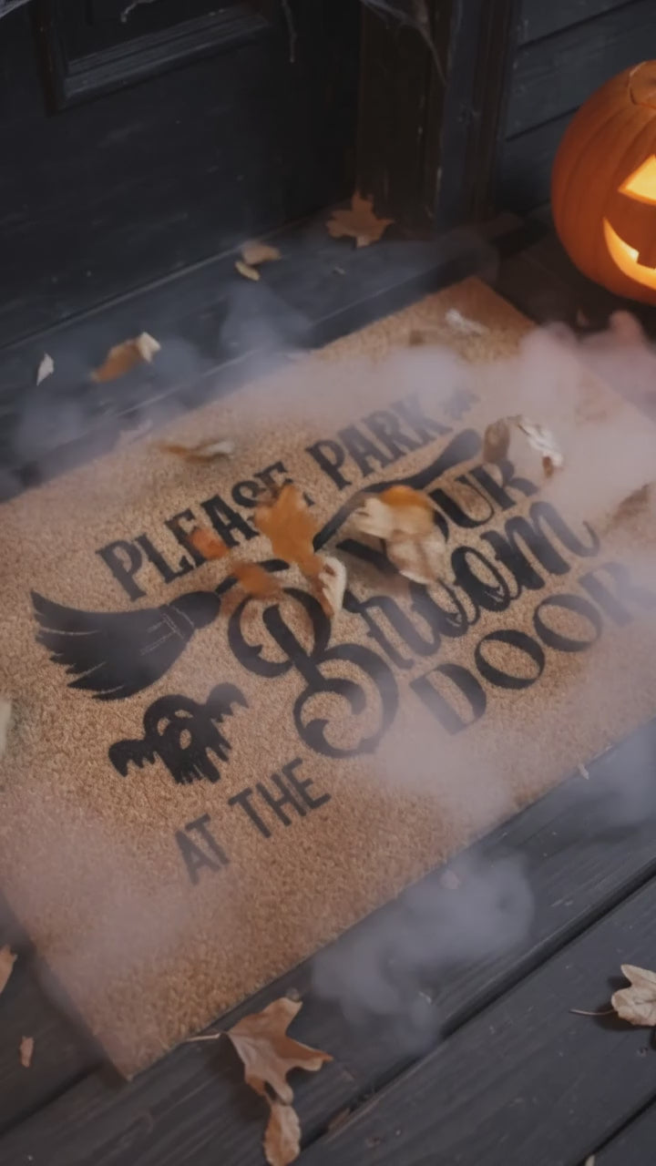Please Park Your Broom at the Door Coir Doormat – Witchy Halloween Welcome Mat | Funny Fall Porch Decor | Rustic Farmhouse Entryway Rug