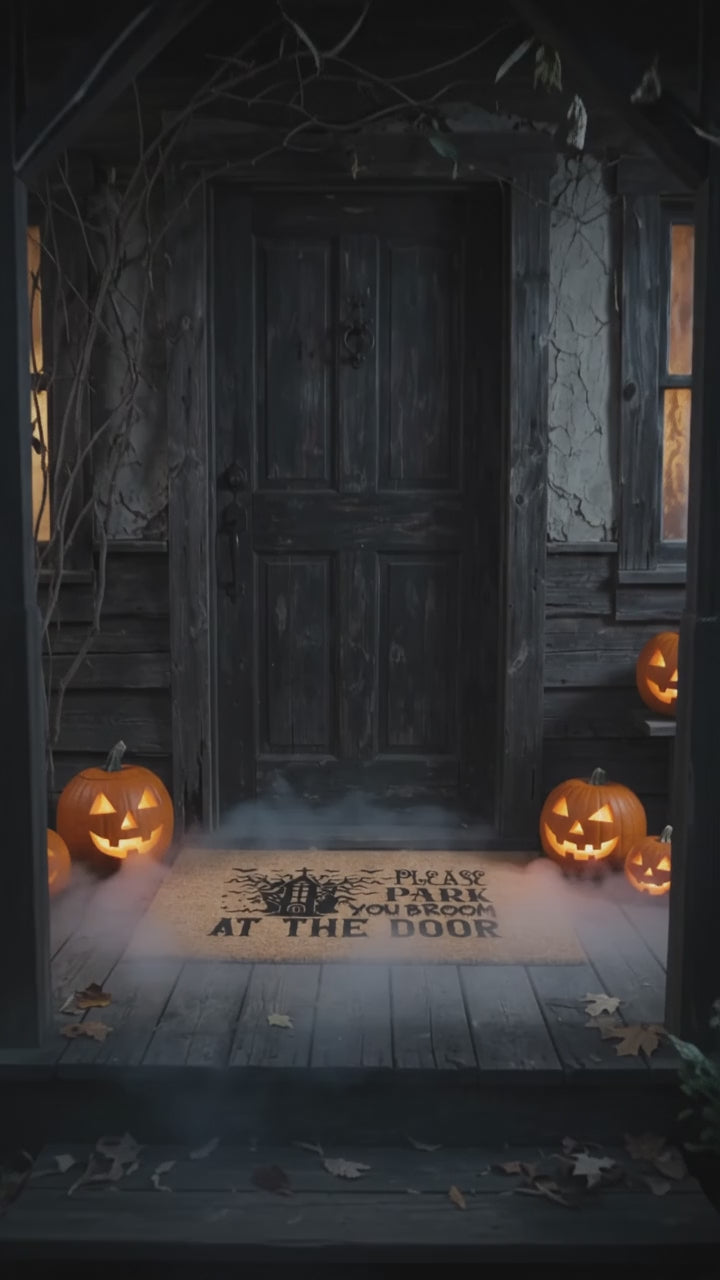 Please Park Your Broom at the Door Coir Doormat – Funny Witch Halloween Welcome Mat | Haunted House Front Porch Decor | Spooky Fall Entry Rug
