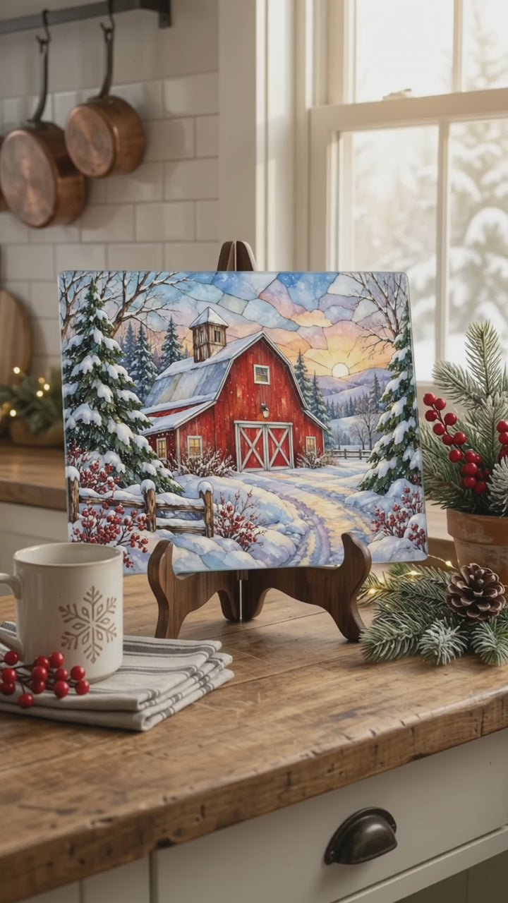 Winter Country Barn Glass Cutting Board, Red Barn Farmhouse Kitchen Decor, Snowy Rustic Country Christmas Gift