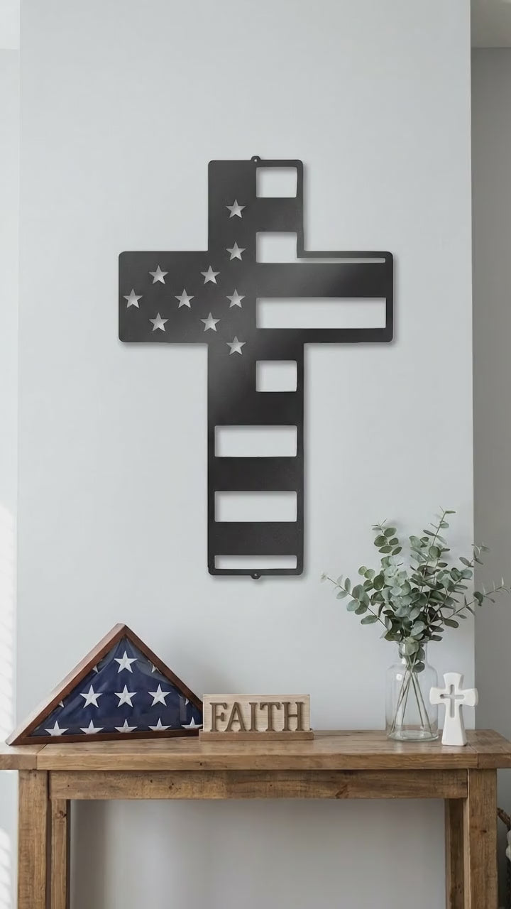 American Flag Cross Metal Wall Art – Patriotic Christian Cross Decor – USA Flag Faith Steel Sign – Veteran Tribute Wall Decor