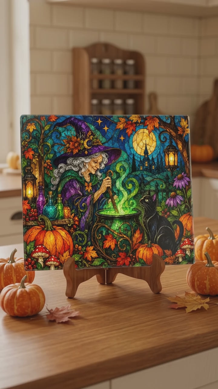 Halloween Witch Cauldron Personalized Glass Cutting Board, Spooky Black Cat Kitchen Decor