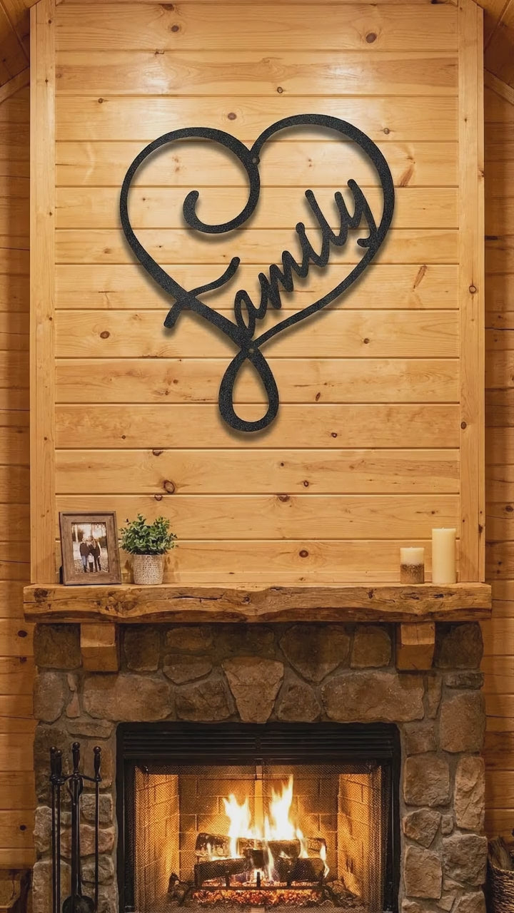 Family Name Heart Metal Wall Art Sign – Custom Steel Family Love Monogram – Laser Cut Amish Crafted Metal Home Decor
