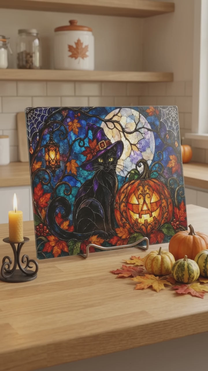 Halloween Black Witch Cat Personalized Glass Cutting Board, Spooky Pumpkin Kitchen Decor