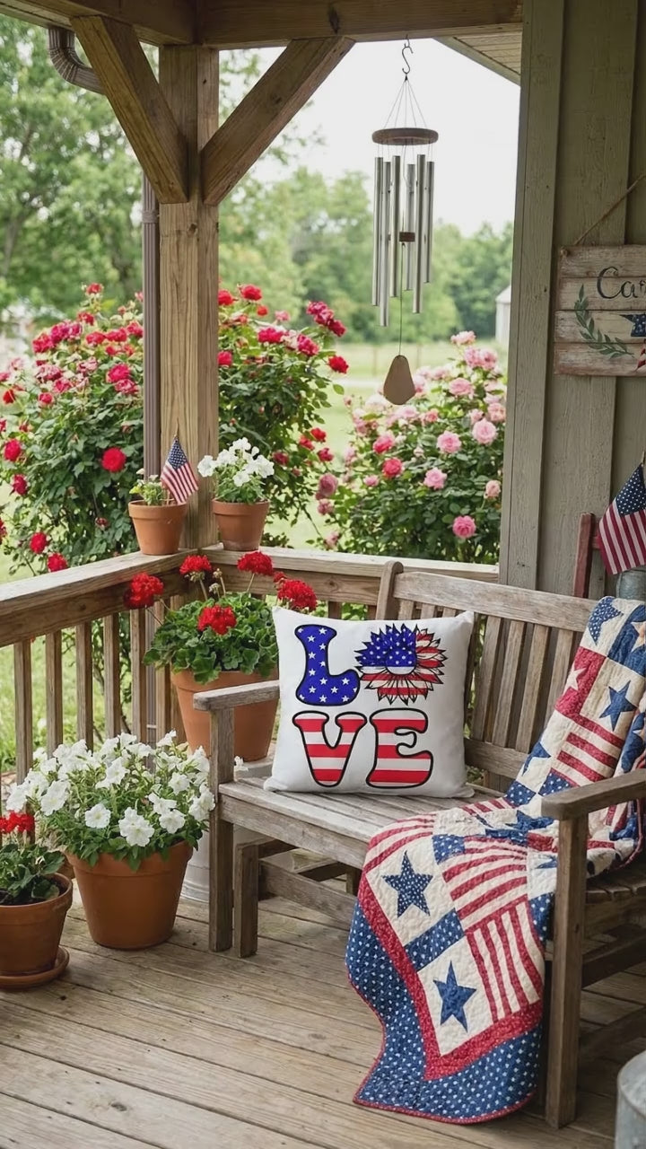 Patriotic Love Pillow, USA Flag Sunflower Throw Pillow, Indoor Outdoor Polyester Cushion, 4th of July Home Decor, American Flag Accent Pillow