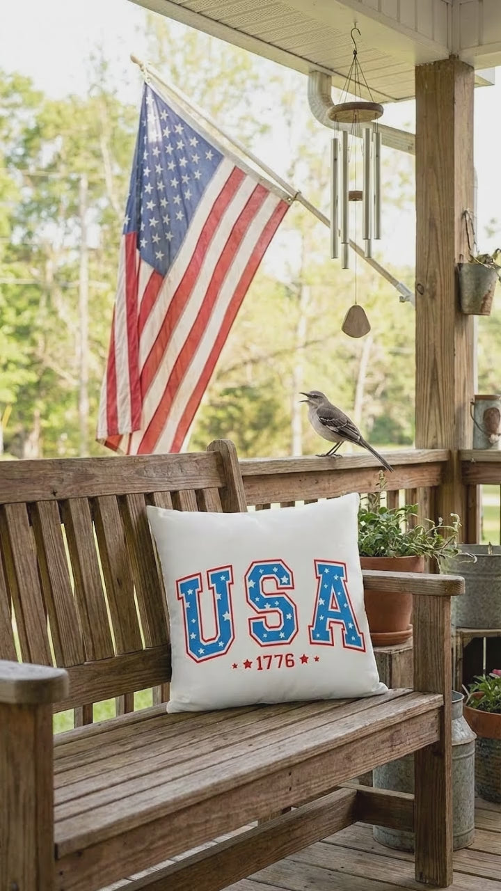 USA 1776 Patriotic Indoor Outdoor Pillow – American Flag Throw Pillow – Americana Farmhouse Decor – 4th of July Cushion – Red White Blue Home Accent