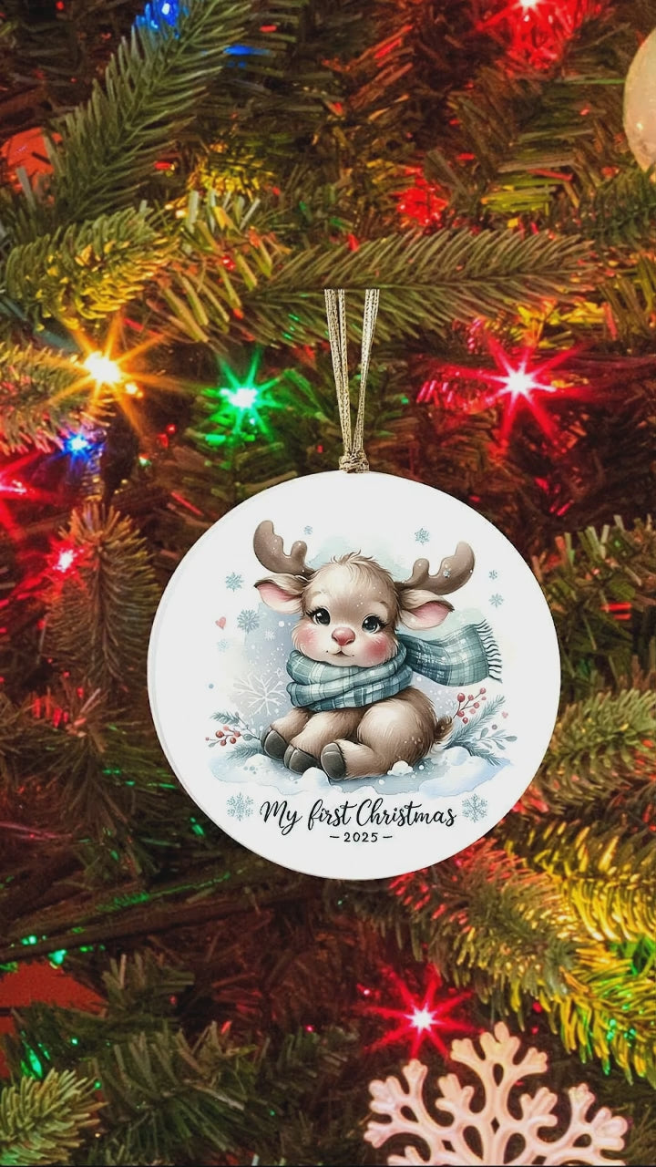 My First Christmas 2025 Moose Ornament – Baby’s First Christmas Keepsake, Cute Newborn Gift, Durable MDF Ornament with Gold Cord