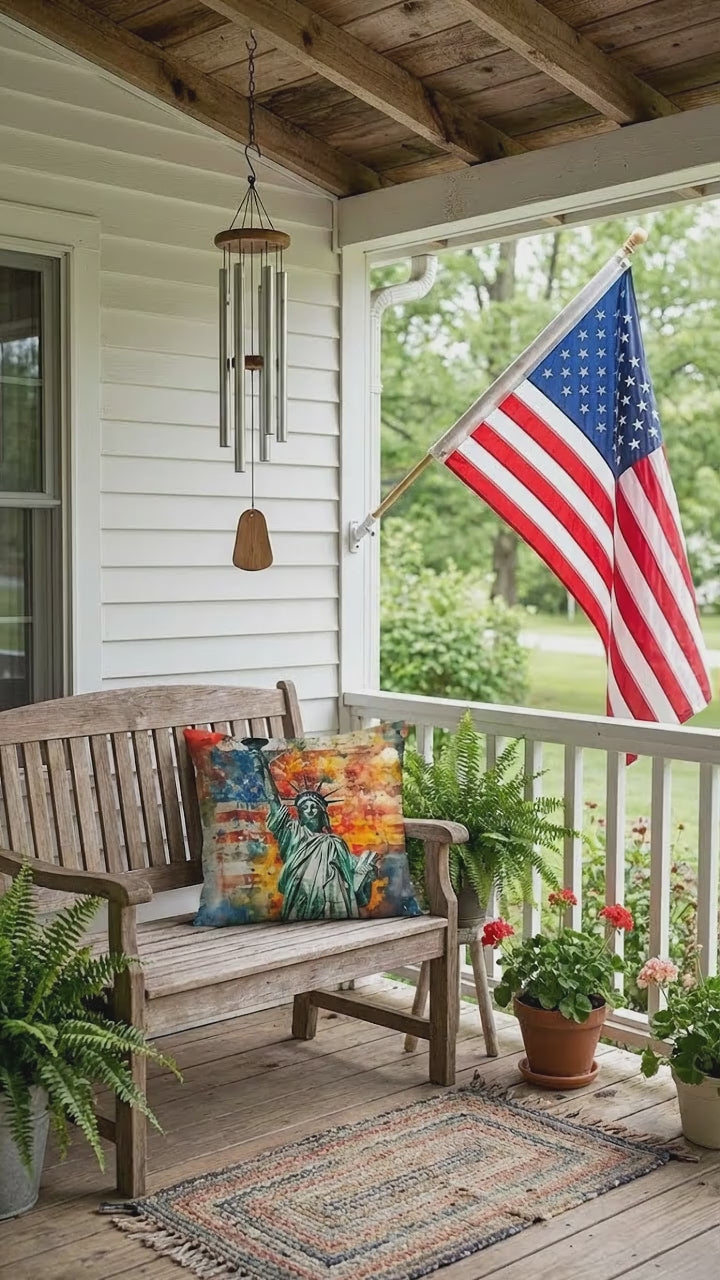Statue of Liberty Patriotic Pillow – USA Flag Throw Pillow – Americana Art Cushion – Red White Blue Home Decor – Indoor Outdoor Porch Pillow