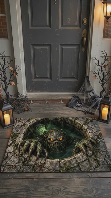 Swamp Monster 3D Optical Illusion Doormat, Creepy Sewer Monster Floor Mat, Scary Halloween Door Mat, Horror Home Decor
