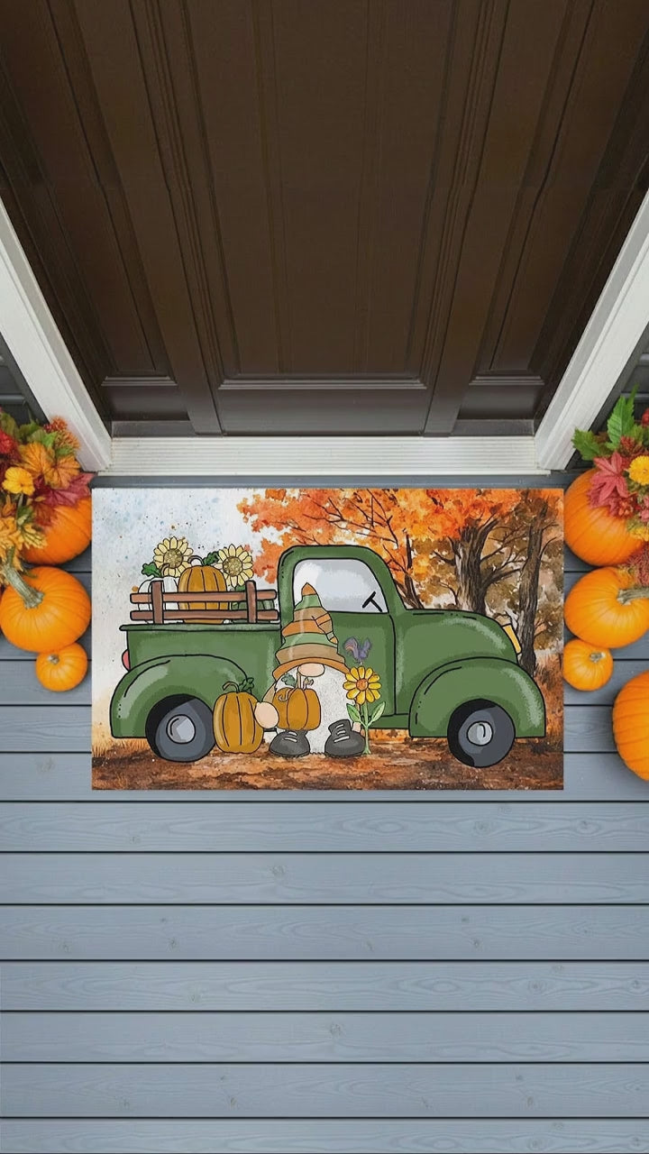 Pumpkin Gnome Fall Doormat – Full-Color Autumn Truck Porch Décor Indoor-Outdoor Mat