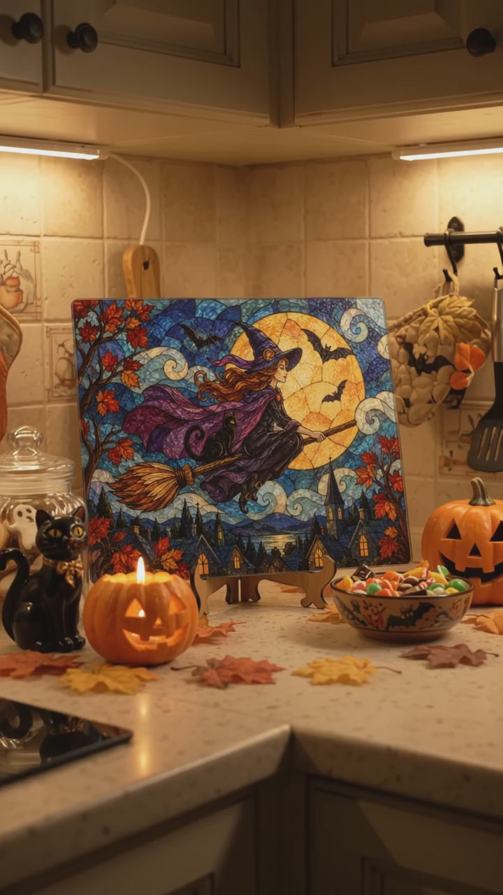 Halloween Flying Witch Personalized Glass Cutting Board, Spooky Pumpkin Kitchen Decor