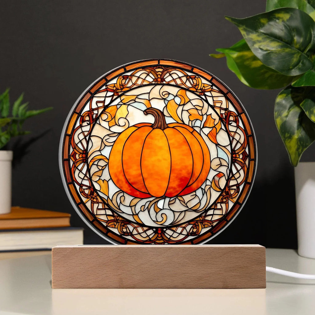 Pumpkin Stained-Glass Fall, Halloween, or Thanksgiving Home Decor Round Acrylic Plaque with Lighted LED Wooden Base