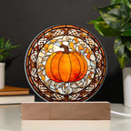 Pumpkin Stained-Glass Fall, Halloween, or Thanksgiving Home Decor Round Acrylic Plaque with Lighted LED Wooden Base
