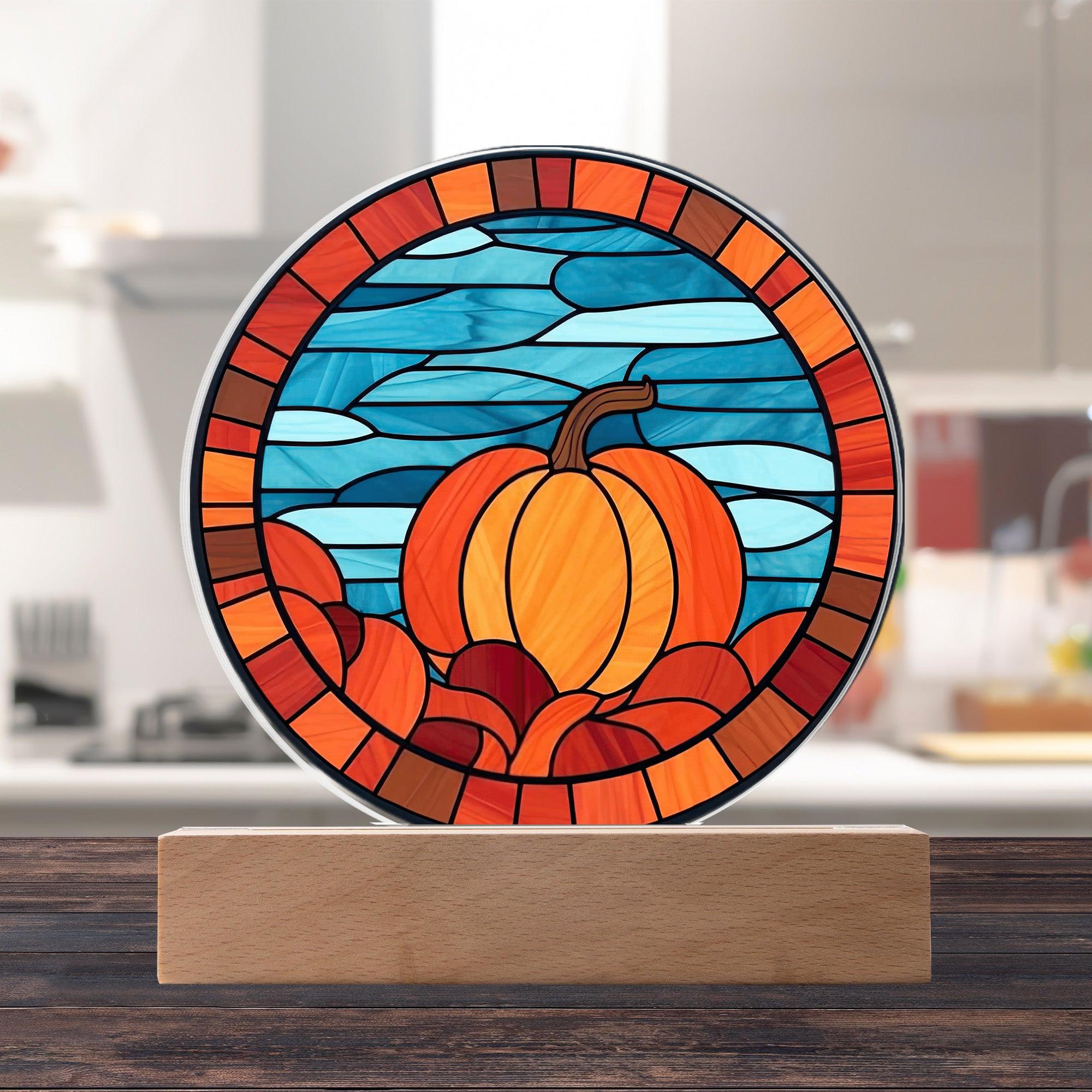 Pumpkin Stained-Glass Fall, Halloween, or Thanksgiving Home Decor Round Acrylic Plaque with Lighted LED Wooden Base - Mallard Moon Gift Shop