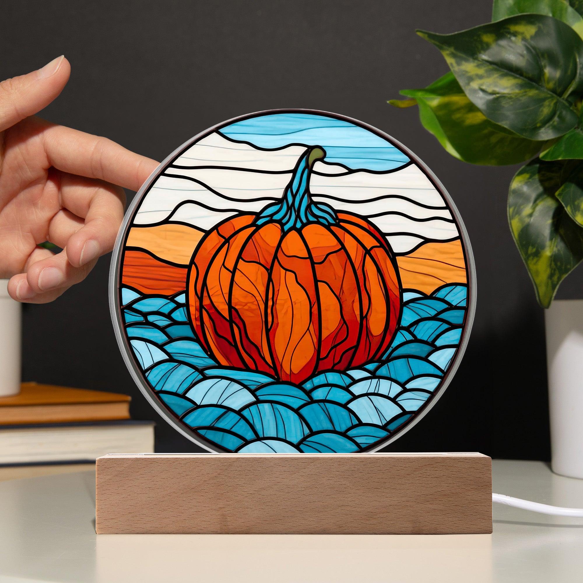 Pumpkin Stained-Glass Fall, Halloween, or Thanksgiving Home Decor Round Acrylic Plaque with Lighted LED Wooden Base - Mallard Moon Gift Shop