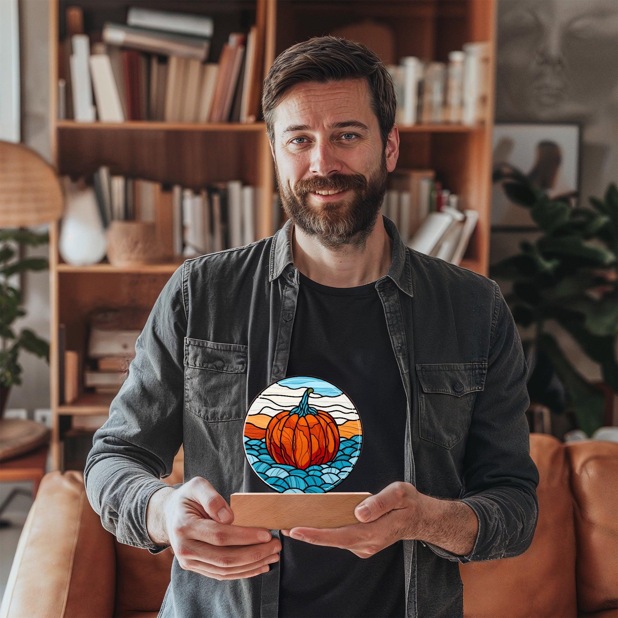 Pumpkin Stained-Glass Fall, Halloween, or Thanksgiving Home Decor Round Acrylic Plaque with Lighted LED Wooden Base - Mallard Moon Gift Shop