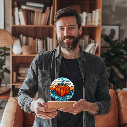 Pumpkin Stained-Glass Fall, Halloween, or Thanksgiving Home Decor Round Acrylic Plaque with Lighted LED Wooden Base - Mallard Moon Gift Shop