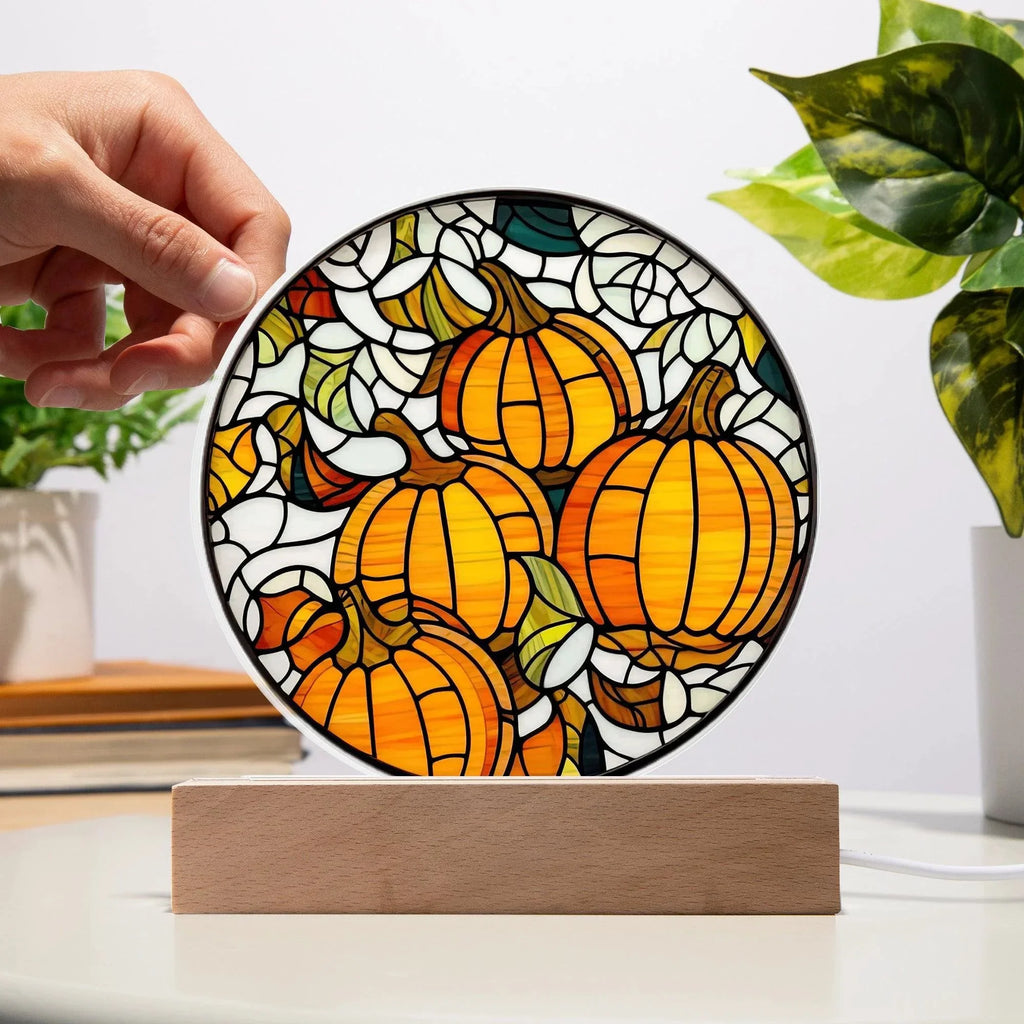 Pumpkin Stained-Glass Fall, Halloween, or Thanksgiving Home Decor Round Acrylic Plaque with Lighted LED Wooden Base